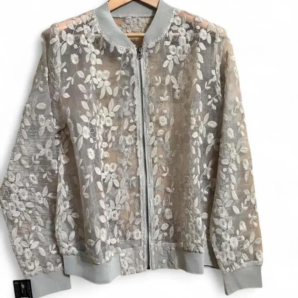 Lynn Cohen Sheer Floral Embroidered Bomber Jacket